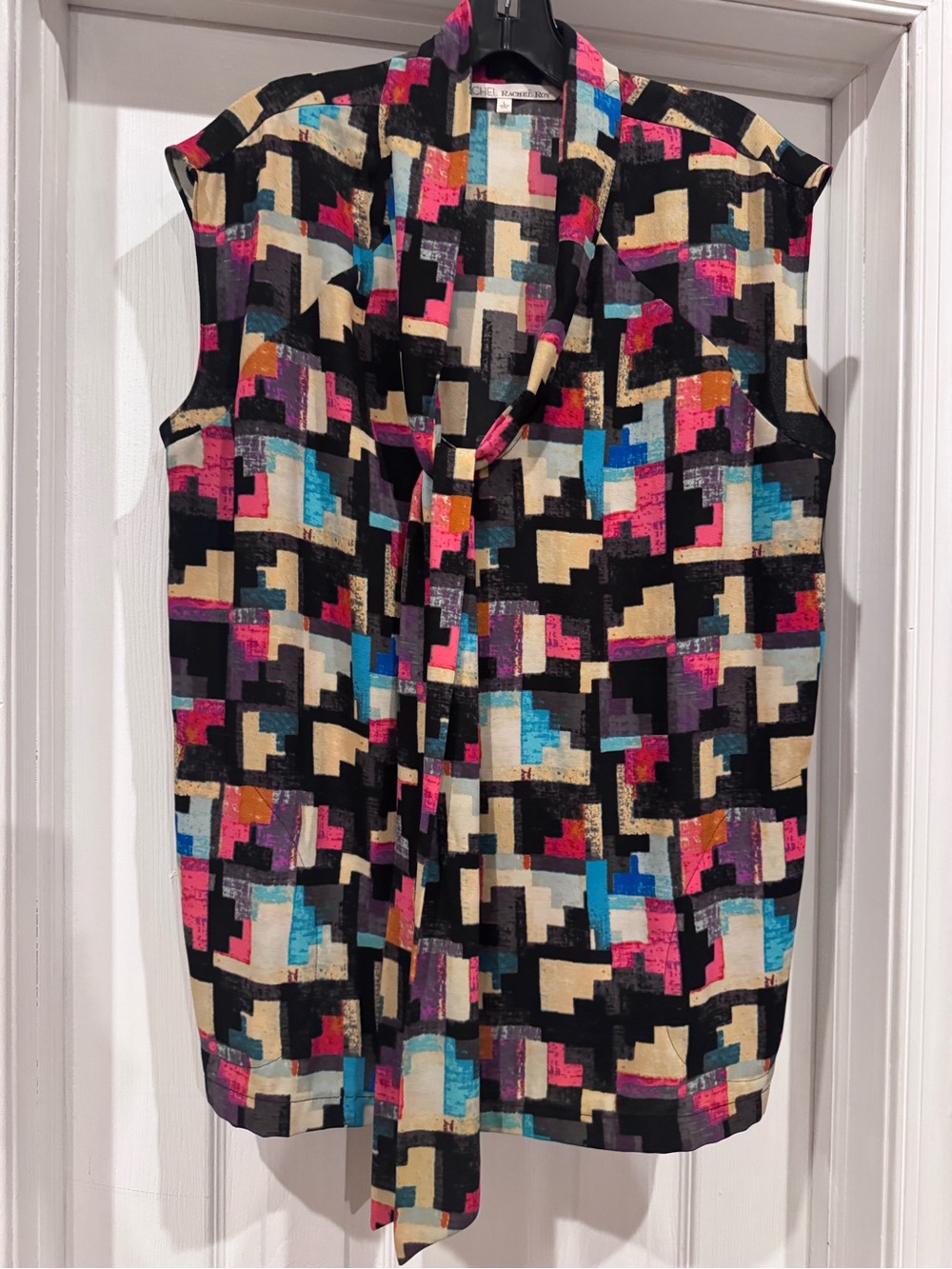 RACHEL Rachel Roy Multi-Color Geometric Tie-Neck Sleeveless Top